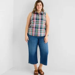 St. John's Bay Womens Plus Sleeveless Classic Fit Button-Down Shirt