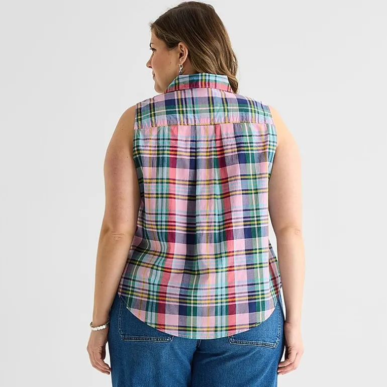 St. John's Bay Womens Plus Sleeveless Classic Fit Button-Down Shirt
