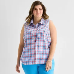 St. John's Bay Womens Plus Sleeveless Classic Fit Button-Down Shirt
