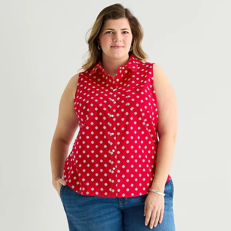 St. John's Bay Womens Plus Sleeveless Classic Fit Button-Down Shirt