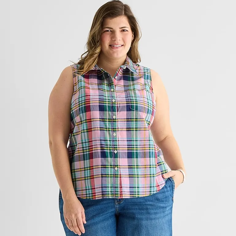 St. John's Bay Womens Plus Sleeveless Classic Fit Button-Down Shirt