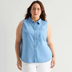 St. John's Bay Womens Plus Sleeveless Classic Fit Button-Down Shirt