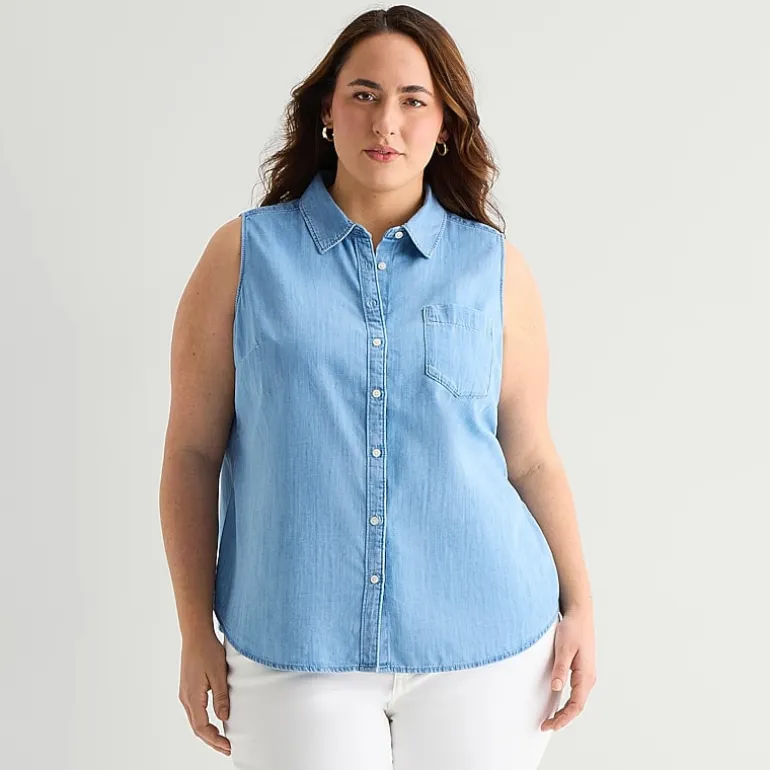 St. John's Bay Womens Plus Sleeveless Classic Fit Button-Down Shirt