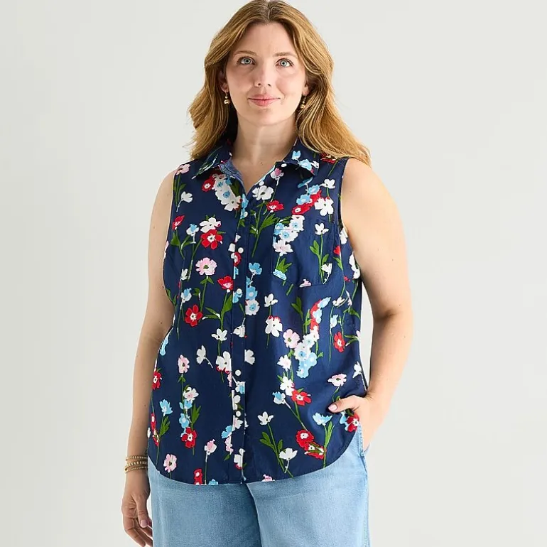 St. John's Bay Womens Plus Sleeveless Classic Fit Button-Down Shirt