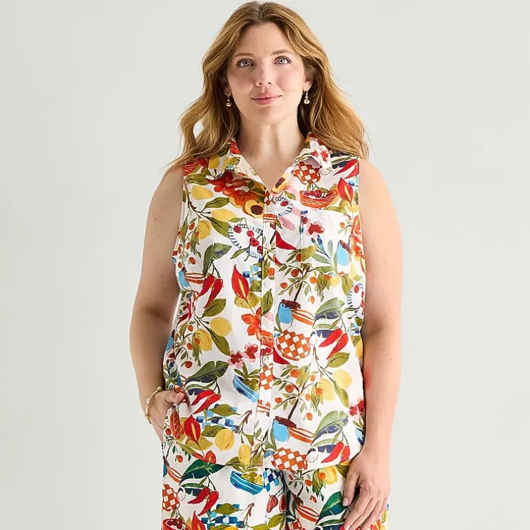 St. John's Bay Womens Plus Sleeveless Classic Fit Button-Down Shirt