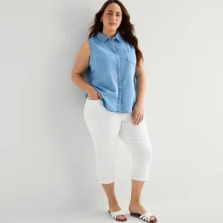 St. John's Bay Womens Plus Sleeveless Classic Fit Button-Down Shirt