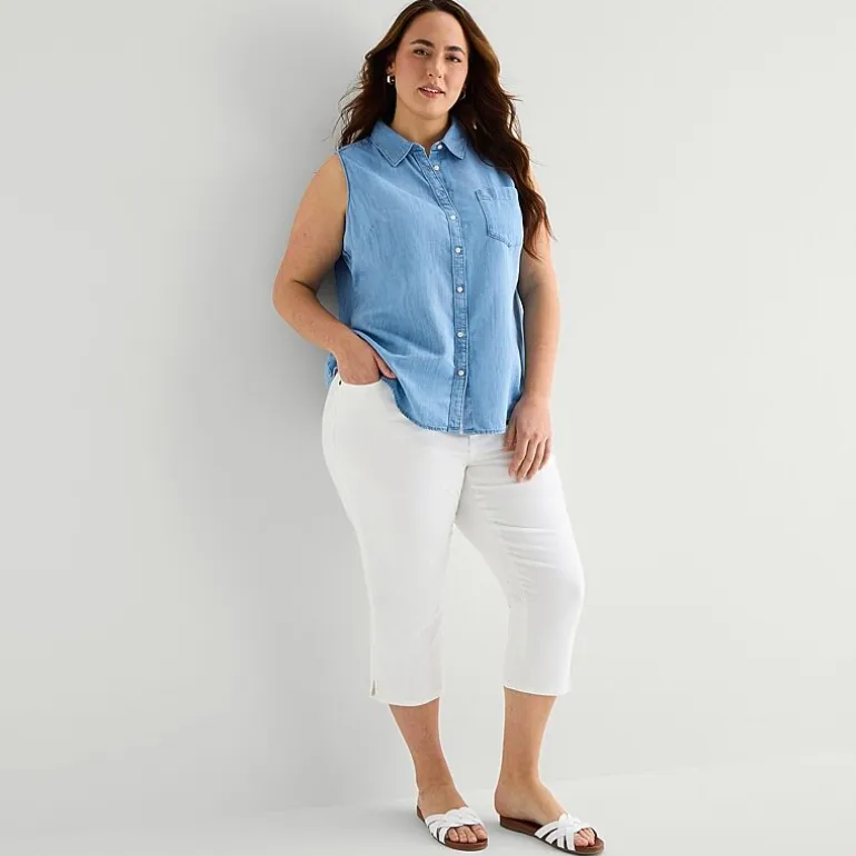 St. John's Bay Womens Plus Sleeveless Classic Fit Button-Down Shirt