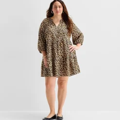 St. John's Bay Womens Plus Split Crew Neck Long Sleeve Animal A-Line Dress