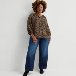 St. John's Bay Womens Plus Split Tie Neck 3/4 Sleeve Blouse