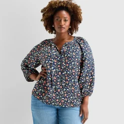 St. John's Bay Womens Plus Split Tie Neck 3/4 Sleeve Blouse