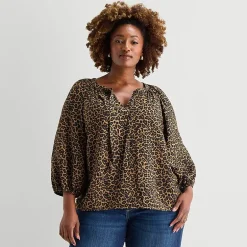 St. John's Bay Womens Plus Split Tie Neck 3/4 Sleeve Blouse