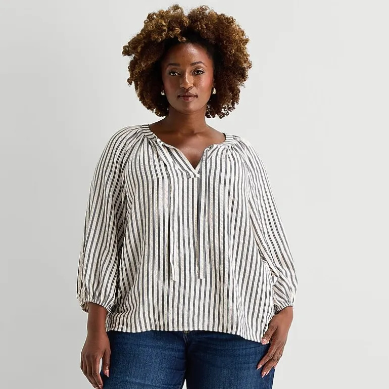 St. John's Bay Womens Plus Split Tie Neck 3/4 Sleeve Blouse