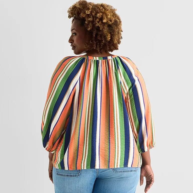 St. John's Bay Womens Plus Split Tie Neck 3/4 Sleeve Blouse