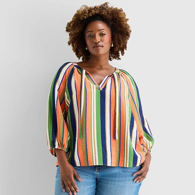 St. John's Bay Womens Plus Split Tie Neck 3/4 Sleeve Blouse