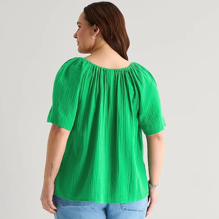 St. John's Bay Womens Plus Split Tie Neck Short Sleeve Blouse