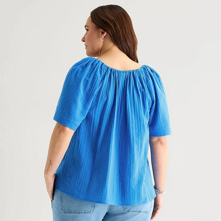 St. John's Bay Womens Plus Split Tie Neck Short Sleeve Blouse