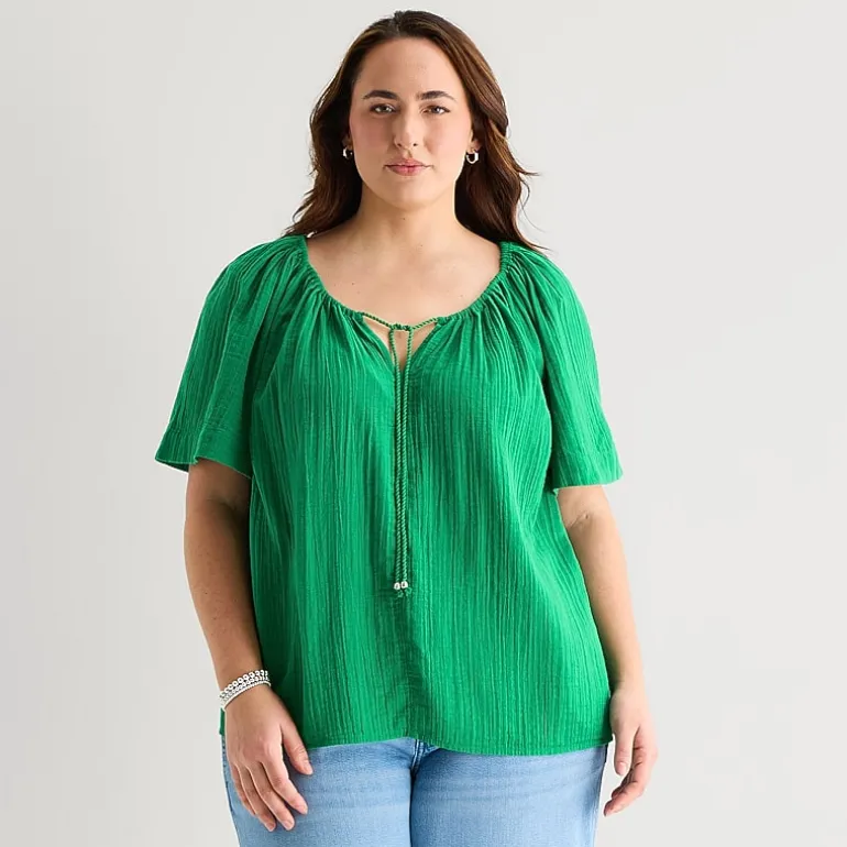 St. John's Bay Womens Plus Split Tie Neck Short Sleeve Blouse