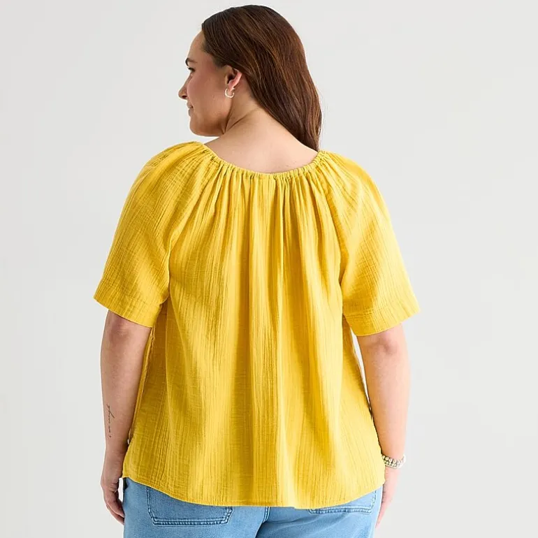 St. John's Bay Womens Plus Split Tie Neck Short Sleeve Blouse