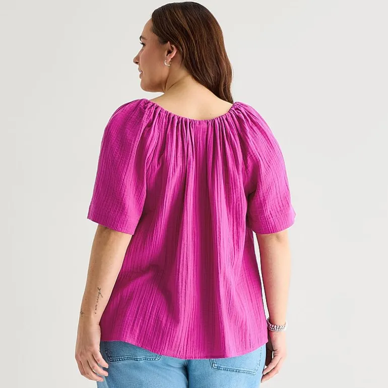 St. John's Bay Womens Plus Split Tie Neck Short Sleeve Blouse