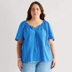St. John's Bay Womens Plus Split Tie Neck Short Sleeve Blouse