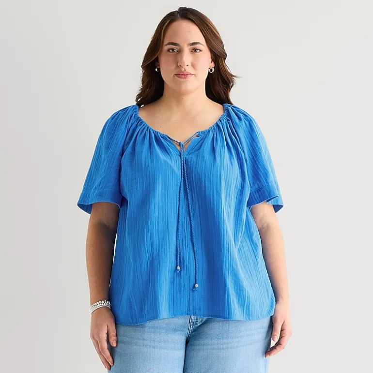 St. John's Bay Womens Plus Split Tie Neck Short Sleeve Blouse