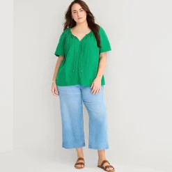 St. John's Bay Womens Plus Split Tie Neck Short Sleeve Blouse