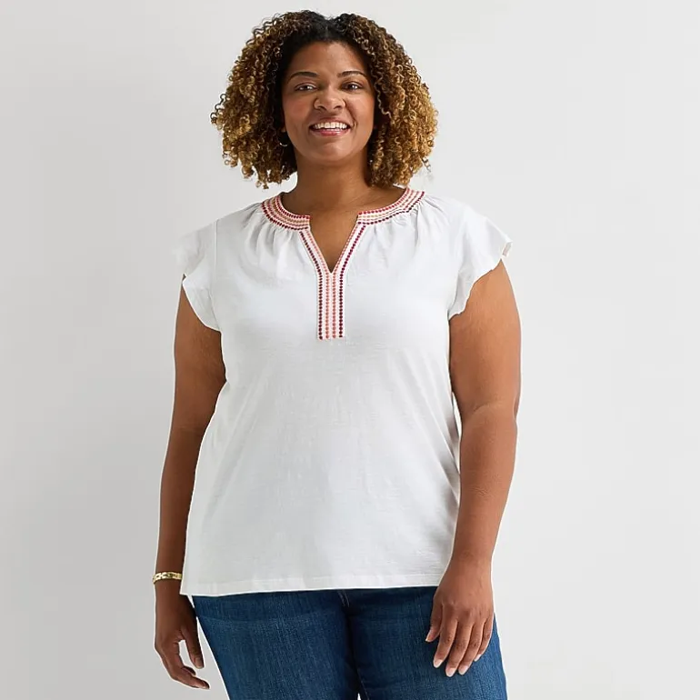 St. John's Bay Womens Plus Split Crew Neck Short Sleeve Blouse