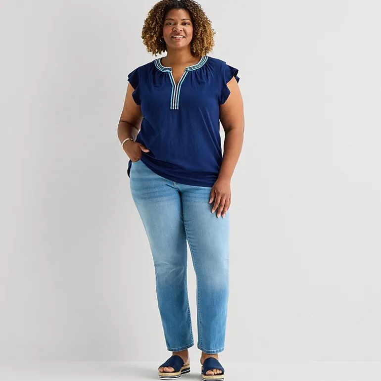 St. John's Bay Womens Plus Split Crew Neck Short Sleeve Blouse