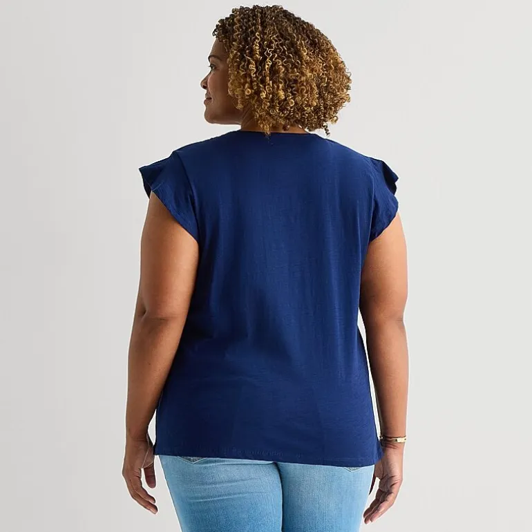 St. John's Bay Womens Plus Split Crew Neck Short Sleeve Blouse