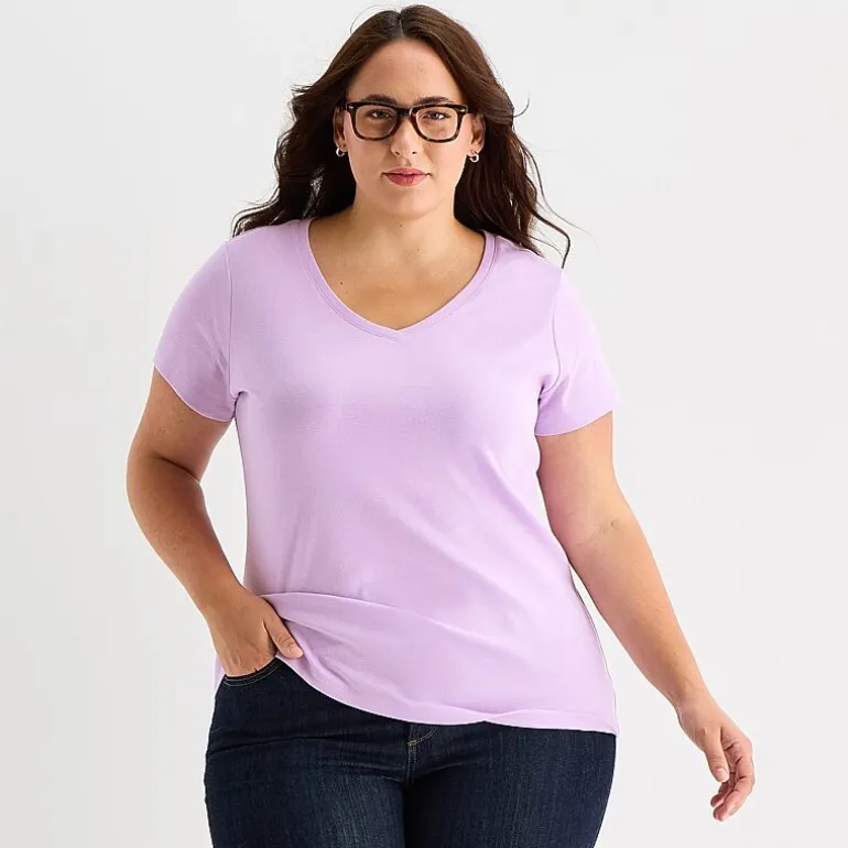 St. John's Bay Womens Plus V Neck Short Sleeve T-Shirt