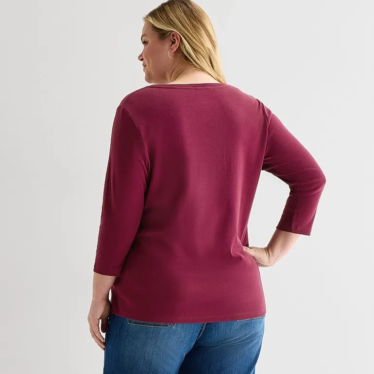 St. John's Bay Womens Plus V Neck 3/4 Sleeve T-Shirt