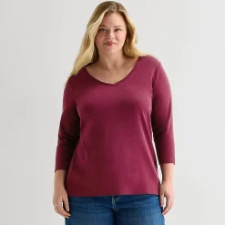 St. John's Bay Womens Plus V Neck 3/4 Sleeve T-Shirt