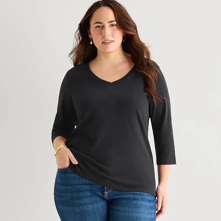 St. John's Bay Womens Plus V Neck 3/4 Sleeve T-Shirt