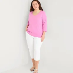 St. John's Bay Womens Plus V Neck 3/4 Sleeve T-Shirt
