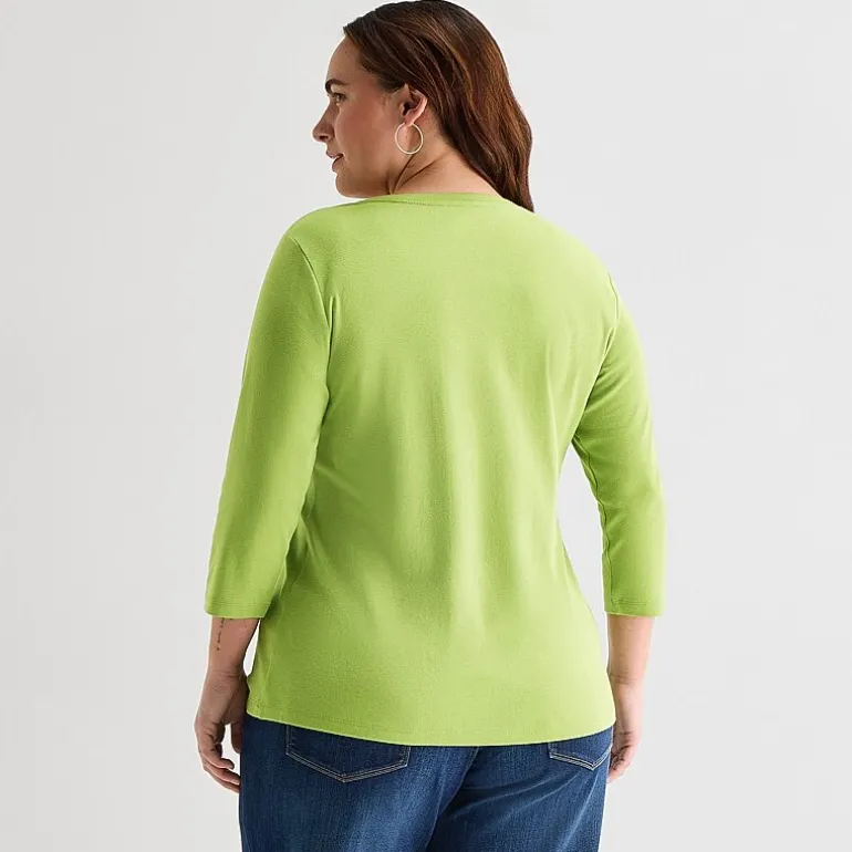 St. John's Bay Womens Plus V Neck 3/4 Sleeve T-Shirt