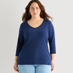 St. John's Bay Womens Plus V Neck 3/4 Sleeve T-Shirt