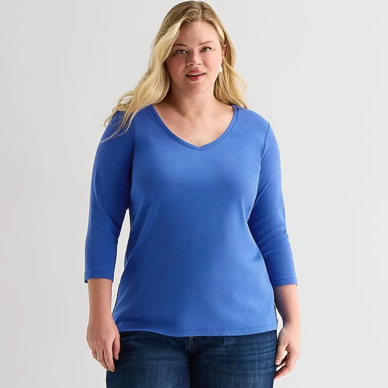 St. John's Bay Womens Plus V Neck 3/4 Sleeve T-Shirt