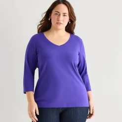 St. John's Bay Womens Plus V Neck 3/4 Sleeve T-Shirt