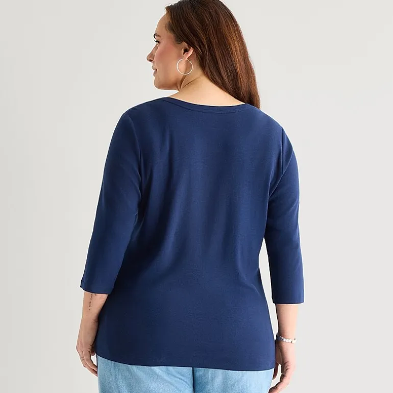 St. John's Bay Womens Plus V Neck 3/4 Sleeve T-Shirt