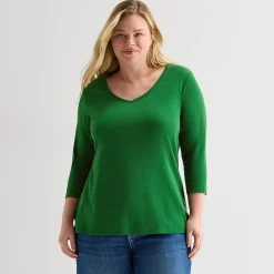 St. John's Bay Womens Plus V Neck 3/4 Sleeve T-Shirt