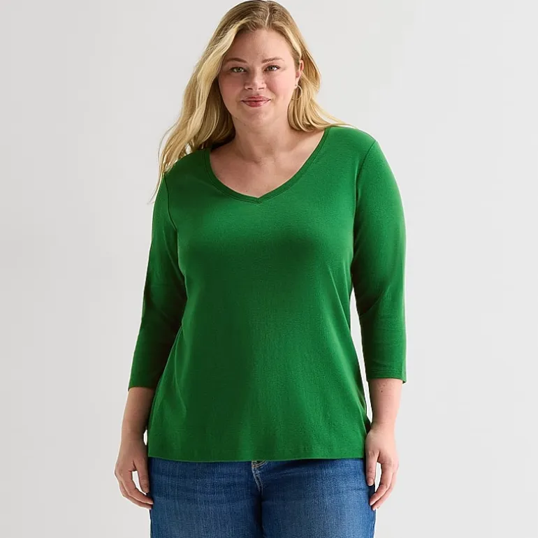 St. John's Bay Womens Plus V Neck 3/4 Sleeve T-Shirt