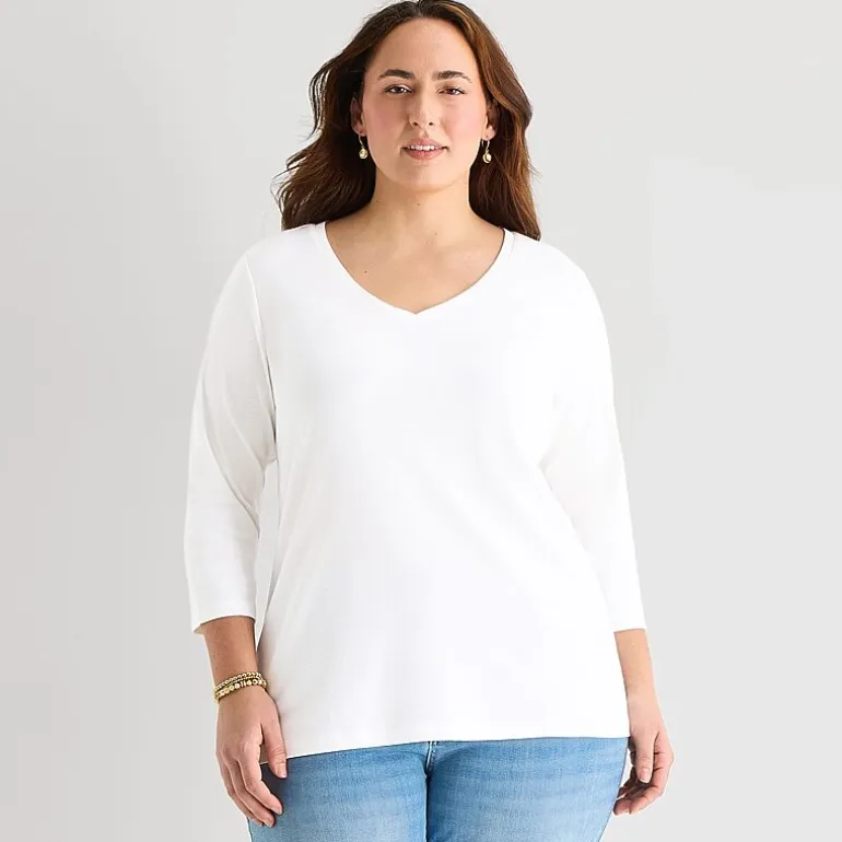 St. John's Bay Womens Plus V Neck 3/4 Sleeve T-Shirt