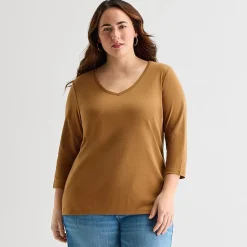 St. John's Bay Womens Plus V Neck 3/4 Sleeve T-Shirt