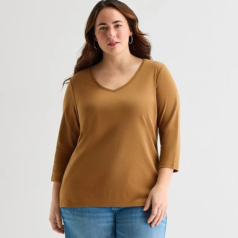 St. John's Bay Womens Plus V Neck 3/4 Sleeve T-Shirt