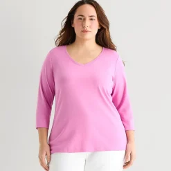 St. John's Bay Womens Plus V Neck 3/4 Sleeve T-Shirt