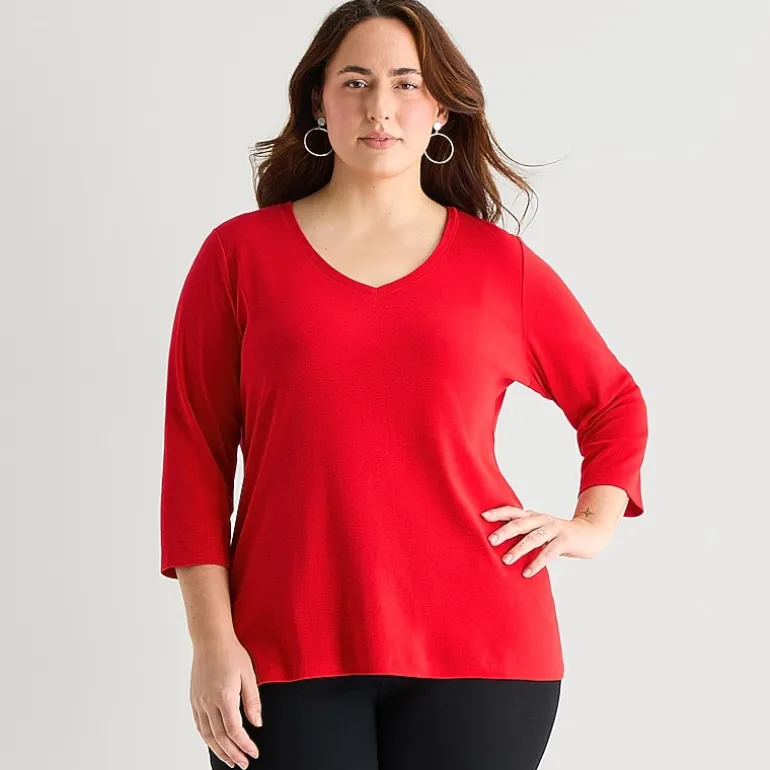 St. John's Bay Womens Plus V Neck 3/4 Sleeve T-Shirt