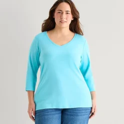 St. John's Bay Womens Plus V Neck 3/4 Sleeve T-Shirt