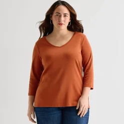 St. John's Bay Womens Plus V Neck 3/4 Sleeve T-Shirt
