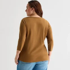 St. John's Bay Womens Plus V Neck 3/4 Sleeve T-Shirt