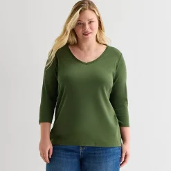 St. John's Bay Womens Plus V Neck 3/4 Sleeve T-Shirt